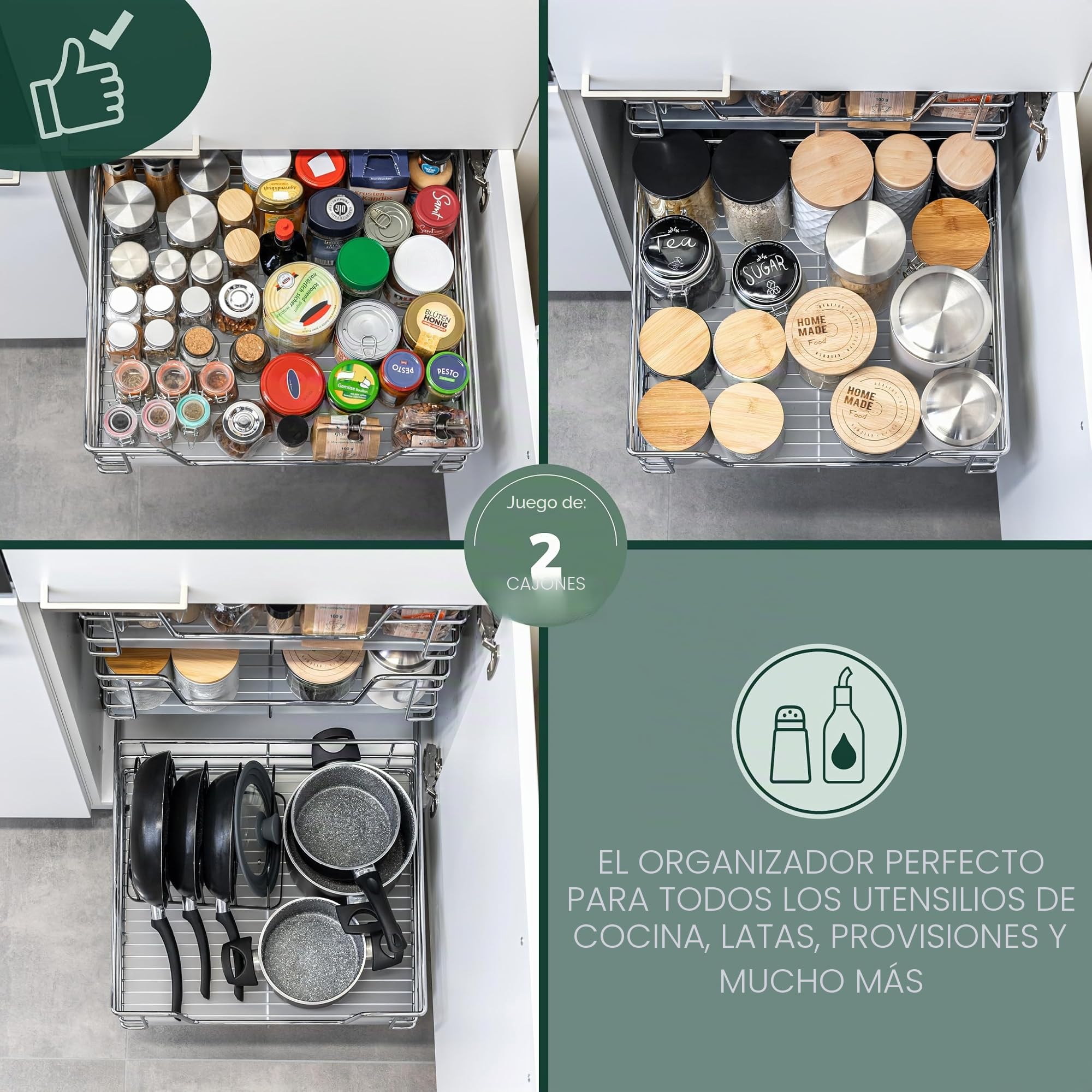 Bremermann Lote de 2 cajones telescópicos de 60 cm con estante, cajón de cocina, de extensión completa, con guías telescópicas, ideales para la cocina, el baño y el dormitorio, en