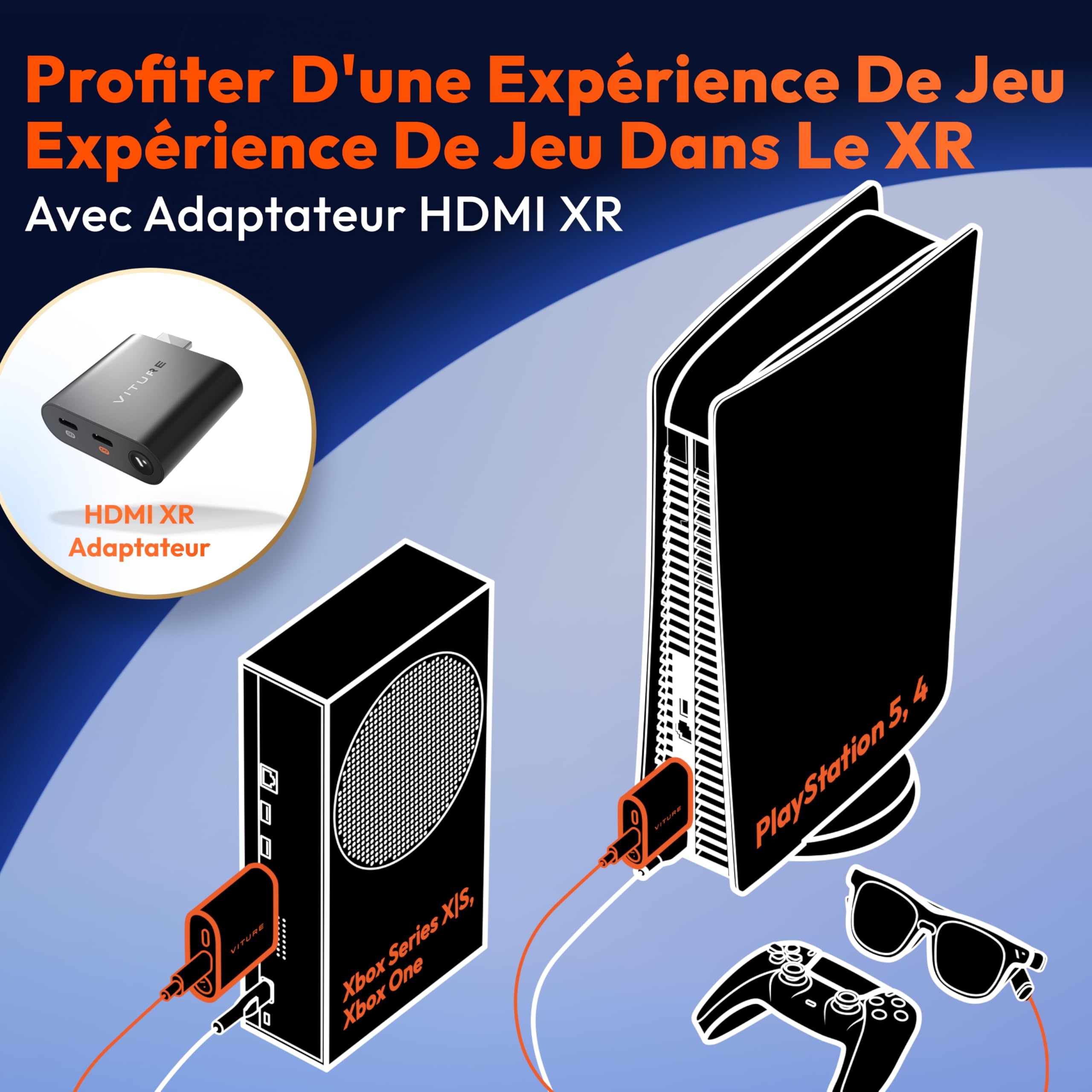 VITURE Adaptateur HDMI XR pour iPhone 14 et modèles antérieurs, activant les vidéos multi-écran/3DoF/VR améliorées, autonomie de 2,8 heures, charge pendant la lecture, lecture directe sur les consoles
