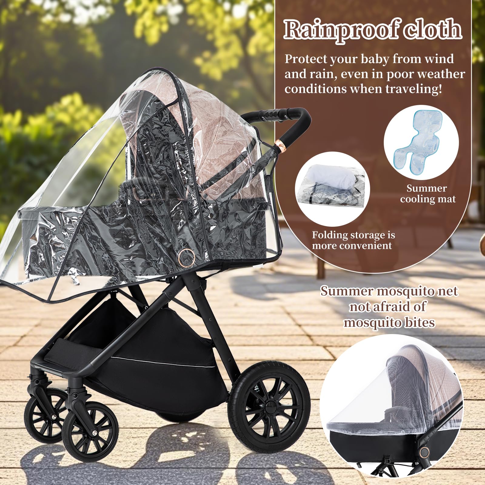 Cochecito 3 en 1, plegable, juego completo de portavasos, mosquitera, cubierta para los pies para bebés recién nacidos (caqui)