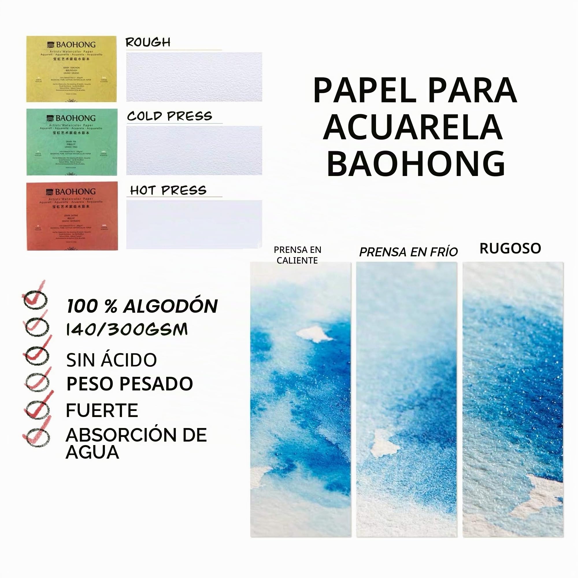 BAOHONG Bloque de papel de acuarela para artistas (20 hojas, pegado en cuatro bordes), 100% algodón, sin ácidos, 140LB/300GSM, suministros de arte de acuarela para pintura húmeda, seca y mixta (prensa