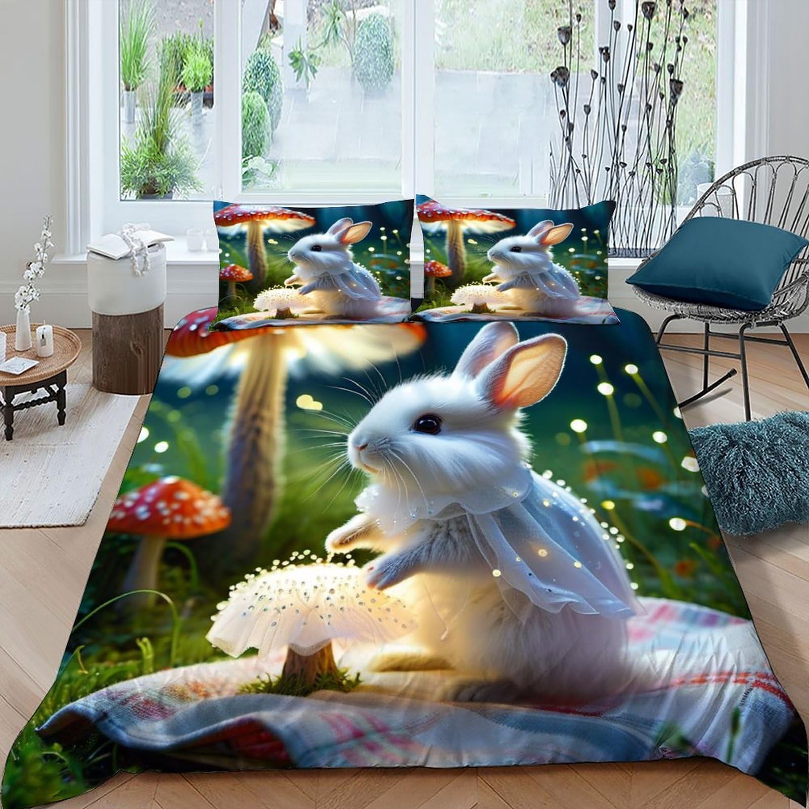 Housse de couette 220x240 sans repassage au motif faune sauvage champignon
