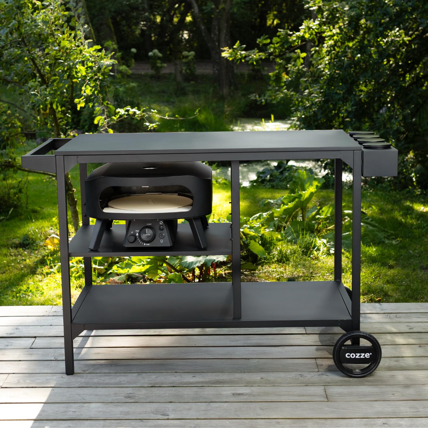 Cozze® BBQ Station Carro para Barbacoa 115 cm, Mesa Exterior de Acero galvanizado, Estante Ajustable 3 Niveles para Horno de Pizza, Ruedas Grandes y Patas Regulables, Carga máx. 100 kg