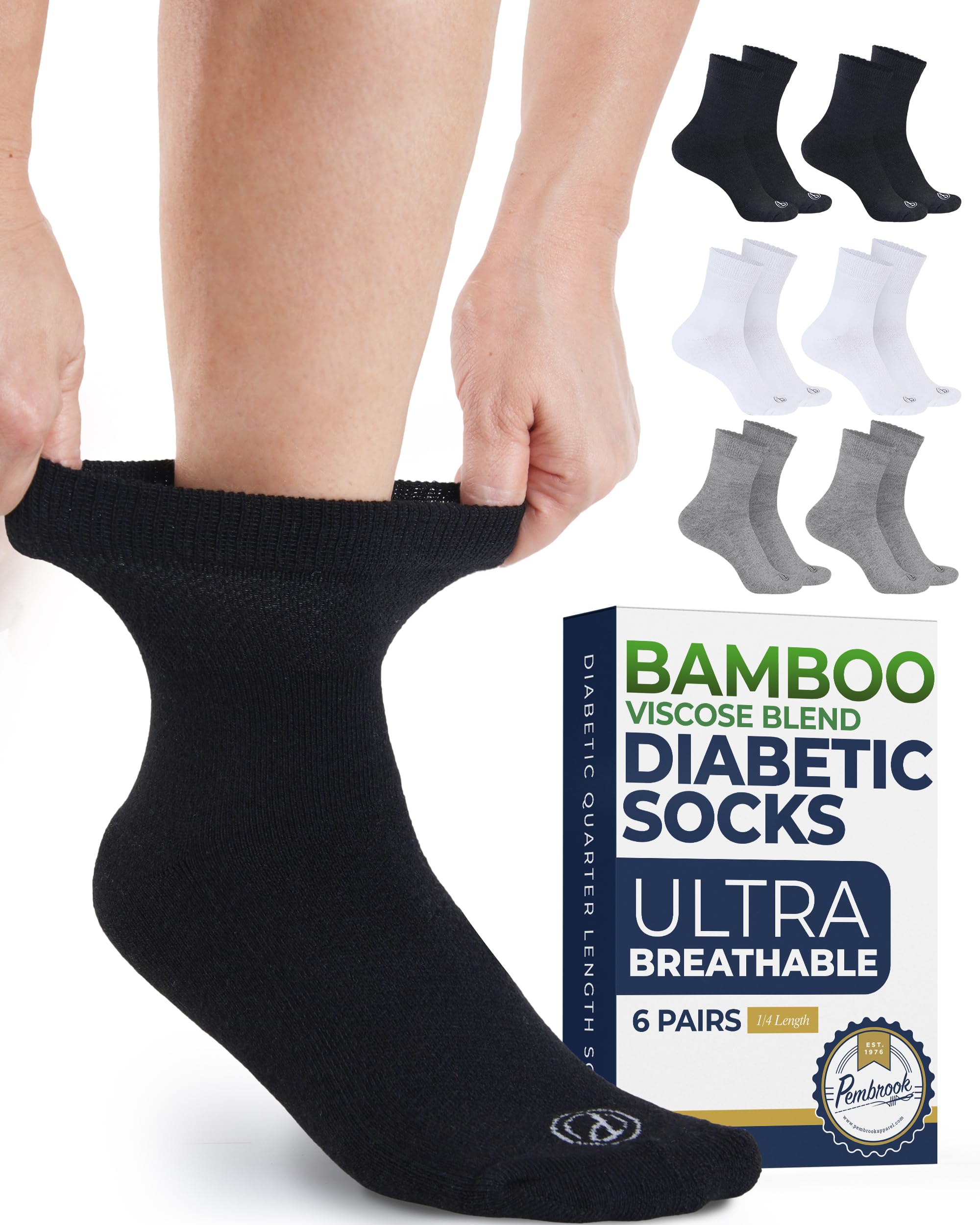 Pembrook Ankle Diabetic Socks for Women & Men - 6 Pairs | Breathable Bamboo Viscose | Wide Non Binding Socks Women, Loose Fit