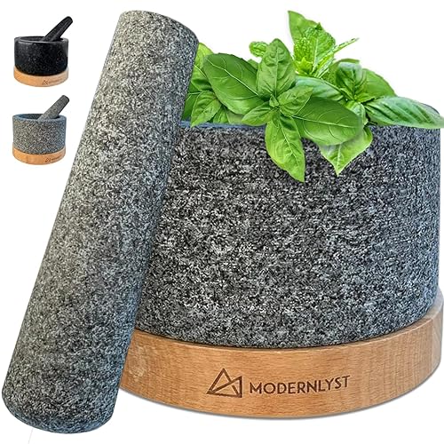 Miniatura 1 de Juego de mortero y mortero sin pulir grande  100% granito resistente  Molcajete Mexicano  Capacidad de 2 tazas  Base de madera duradera  Cuenco de