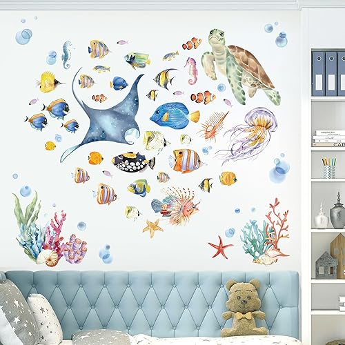 Miniatura 4 de wondever Pegatinas de pared bajo el mar, peces tropicales del océano para despegar y pegar, calcomanías artísticas para la pared del bebé, cuarto de