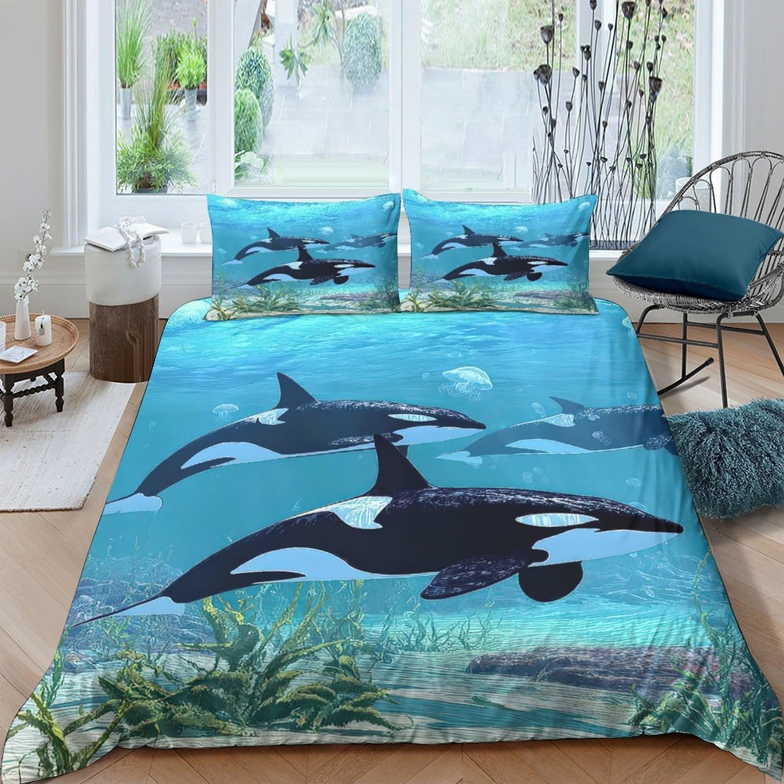 Ctjqhvkz Style-5 3D Printed Ocean Whale Fitted Sheet Microfiber Soft Blue Sea Animal Mattress Cover For Bedroom Guest Room Decor Single（135X200cm）