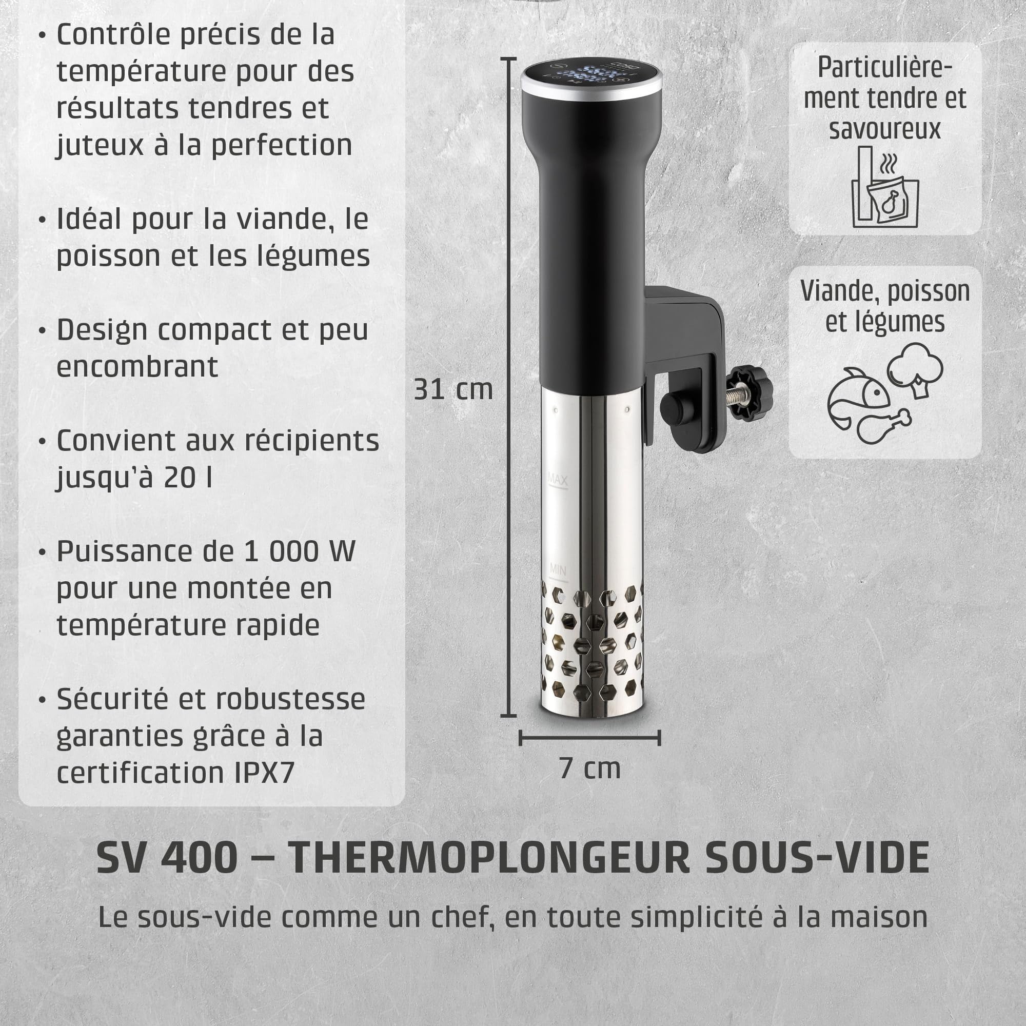 CASO SV400 Stick Sous Vide, pour récipients jusqu'à 20l de volume, 25-90°C par paliers de 0,5°C, IPX7, design peu encombrant