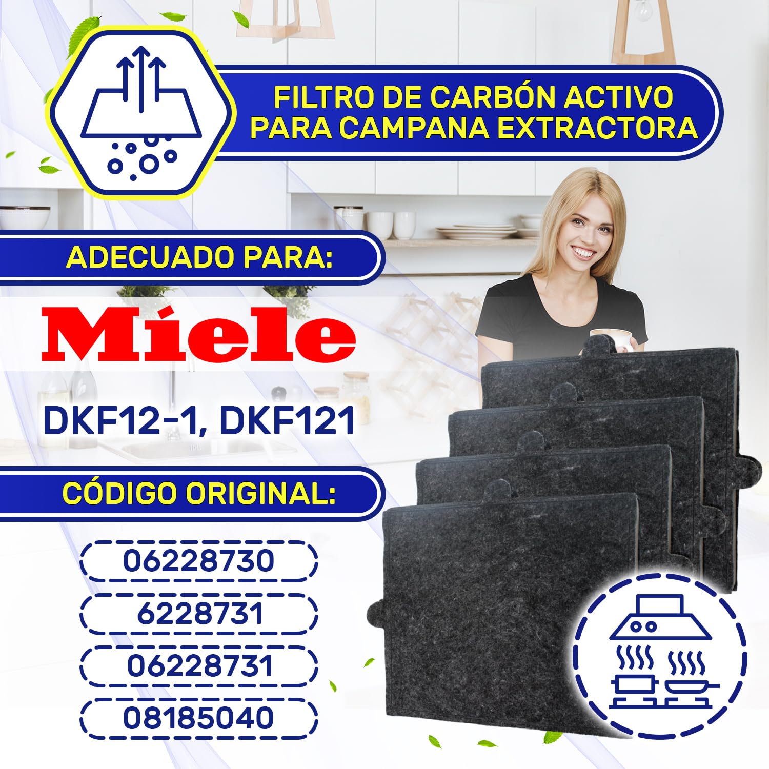 4 Piezas Filtro Carbon Activo para Campana Extractora modelos DKF12-1 DKF121 288x242x20 mm con Código Original 06228731 para Miele - MONTERAL