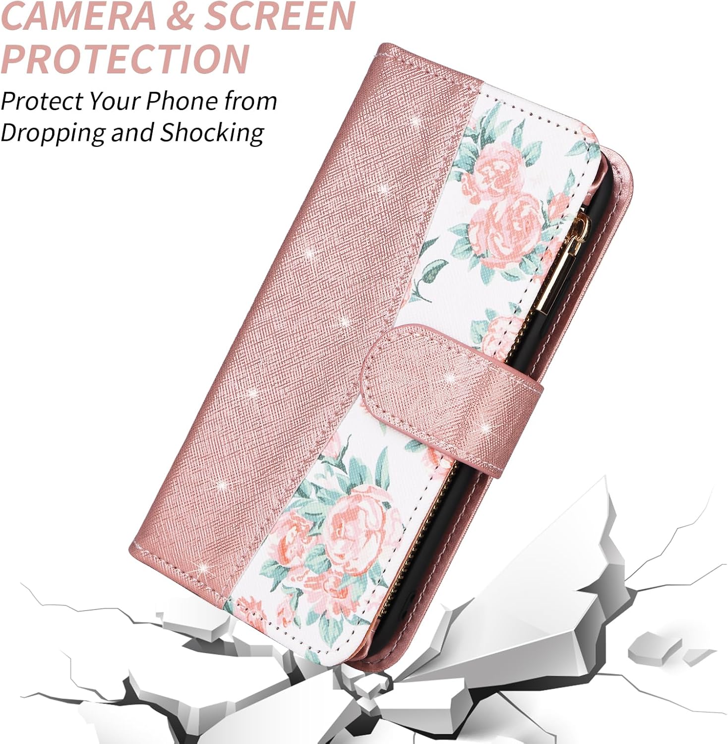 Furiet for Samsung Galaxy S24/S25 5G Floral Wallet Case with Flip Zipper Purse Wrist Strap Shoulder Strap Luxury Glitter PU Leather Card Holder Stand Phone Cover for S 24 24S 25 25S G5 Women Rose Gold - Image 7