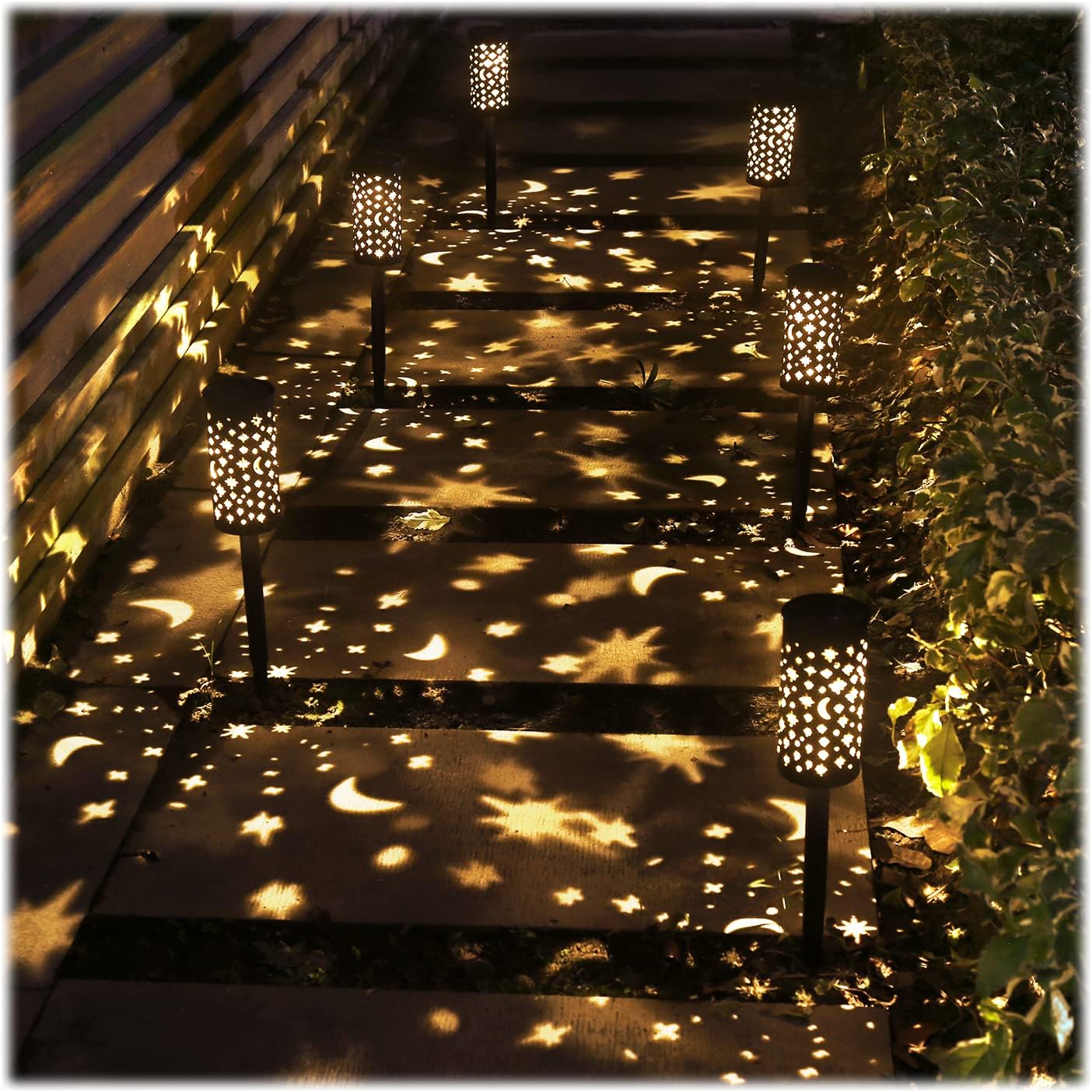 Solar Pathway Lights, 4 Pack Lights Solar Powered Waterproof, Hanging Solar Lights Decorative Star Moon Solar Path Lights Outdoor for Walkway, Garden, Patio, Christmas, Ramadan, Eid Decoration