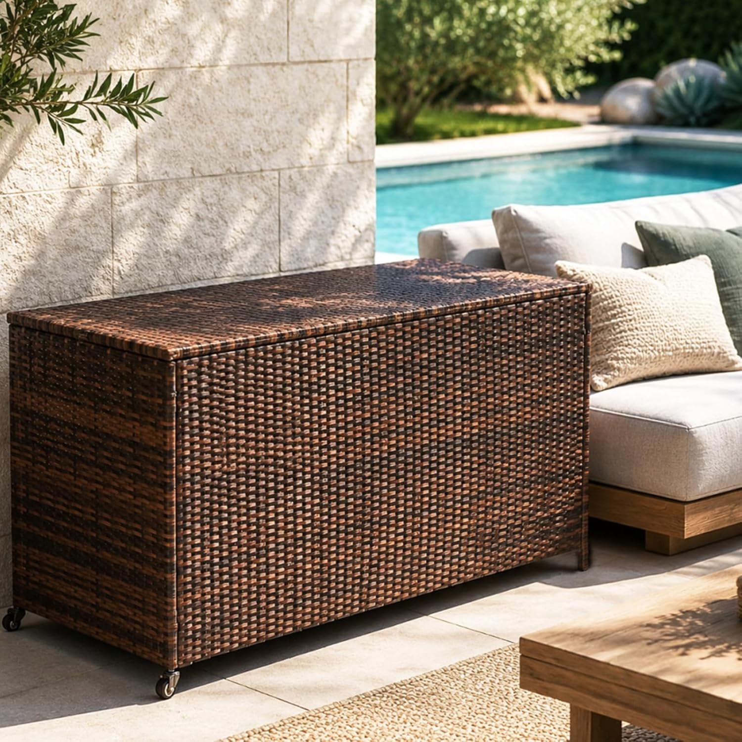 AVAWING 180 Gallon Wicker Deck Box with Wheels, Outdoor Storage Box with Liner Patio Waterproof Deck Storage Box Wicker Chest Storage Trunk Rattan Pool Container for Garden, Balcony, Yard, Brown