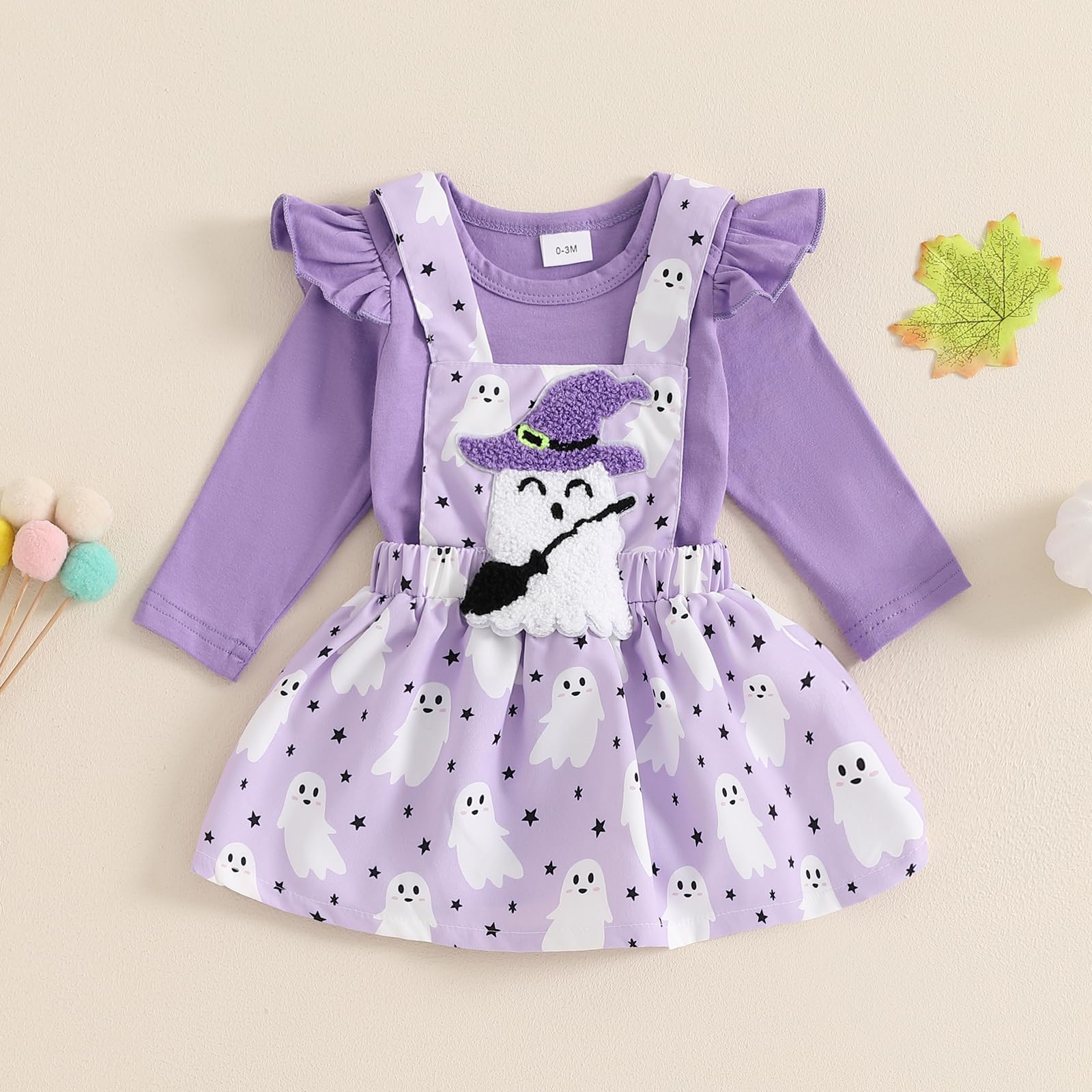 Baby Girl Halloween Outfit Ruffle Long Sleeve Ribbed Romper Ghost/Pumpkin/Witch Print Suspender Skirt Sets 0 3 6 12 18 Months (Ribbed Purple, 6-12 Months)