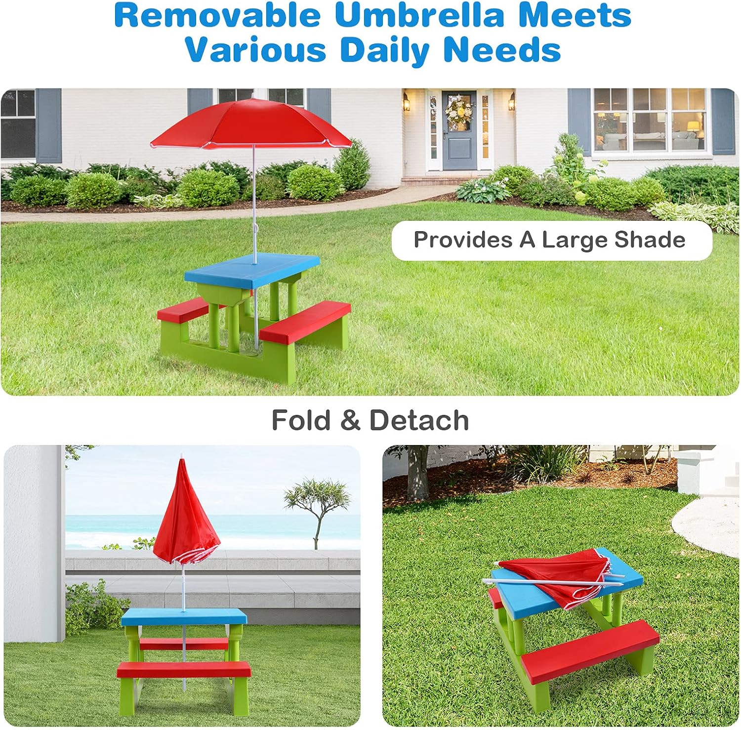 Rainbow Delight Collapsible Kids' Picnic Table with Adjustable Umbrella