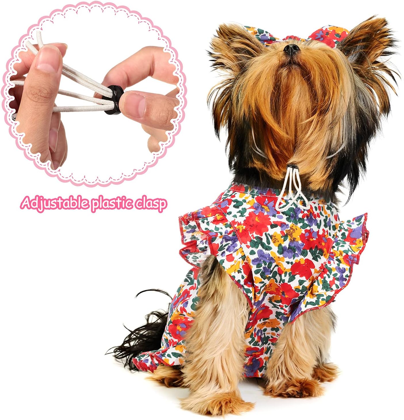 Frienda 2 Pcs Dog Dress Princess Floral Summer Puppy Dress with Bows Headband for Dog Cat Birthday Party Holiday Hawaiian Mermaid, Red and Yellow(S)