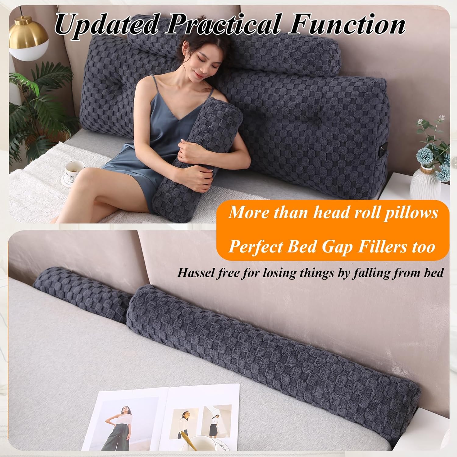 Wedge Headboard Pillows + A Long and Short Head Roll Pillows Bed Wedge Pillow for Headboard Large Bolster for Bed Backrest Pillows for Sitting in Bed