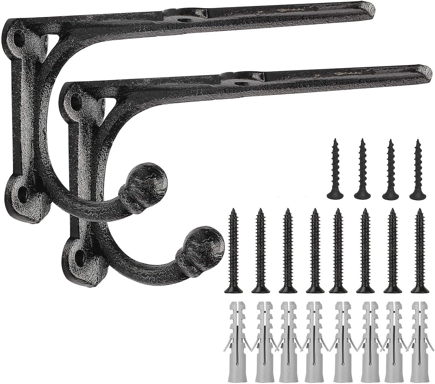 Shelf Brackets with Hooks 6 Inch, Heavy Duty Floating Shelf Bracket, Cast Iron Shelving Brackets for DIY Wall Shelves, Rustic Shelf Brackets, 2 Pack