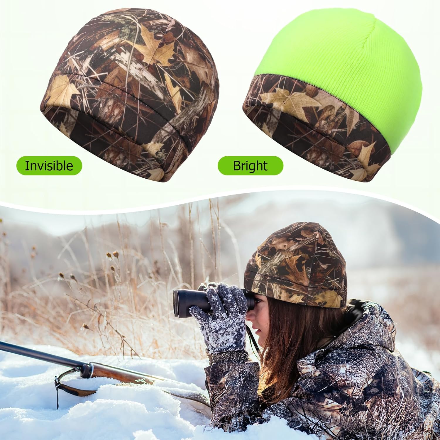 Ramede 1 Pcs Camouflage Hunting Reversible Hat Windproof Beanie Hat Fluorescent Green Fleece Cap Warm Winter Cap for Fishing Hunting Camping Outdoor Men Women - Image 4