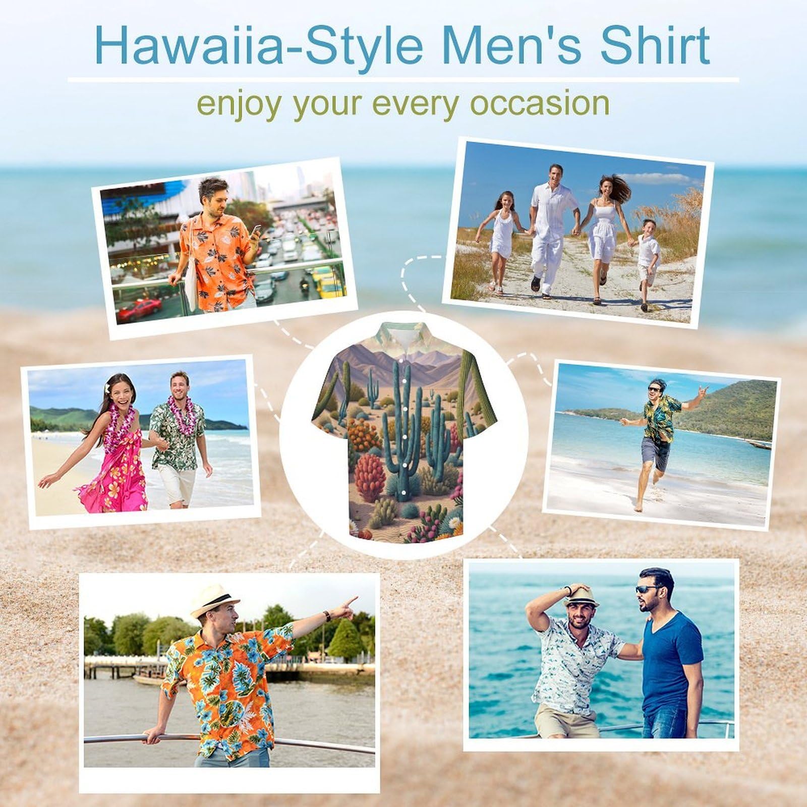 Camicie a Maniche Corte da Uomo - Camicie da Spiaggia con Stampa Illustrazione di Cactus del Deserto Paesaggio, Funky Estiva Cool Camicia Hawaiana Monopetto Camicia S-5XL