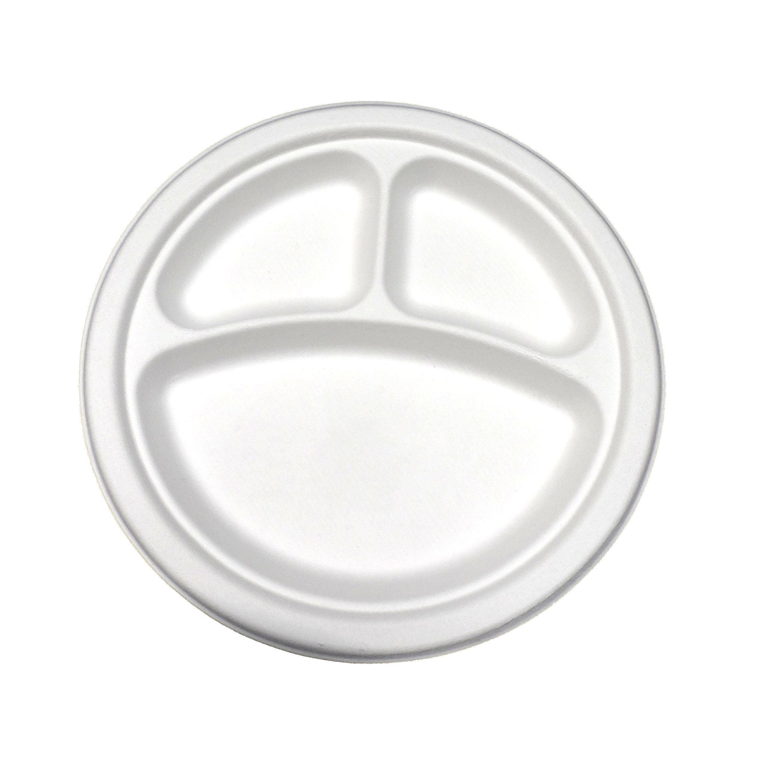 Primeware PL-11 Compostable 10" 3-Section Round Plate-500/Cs (4 X 125), Plastic, White