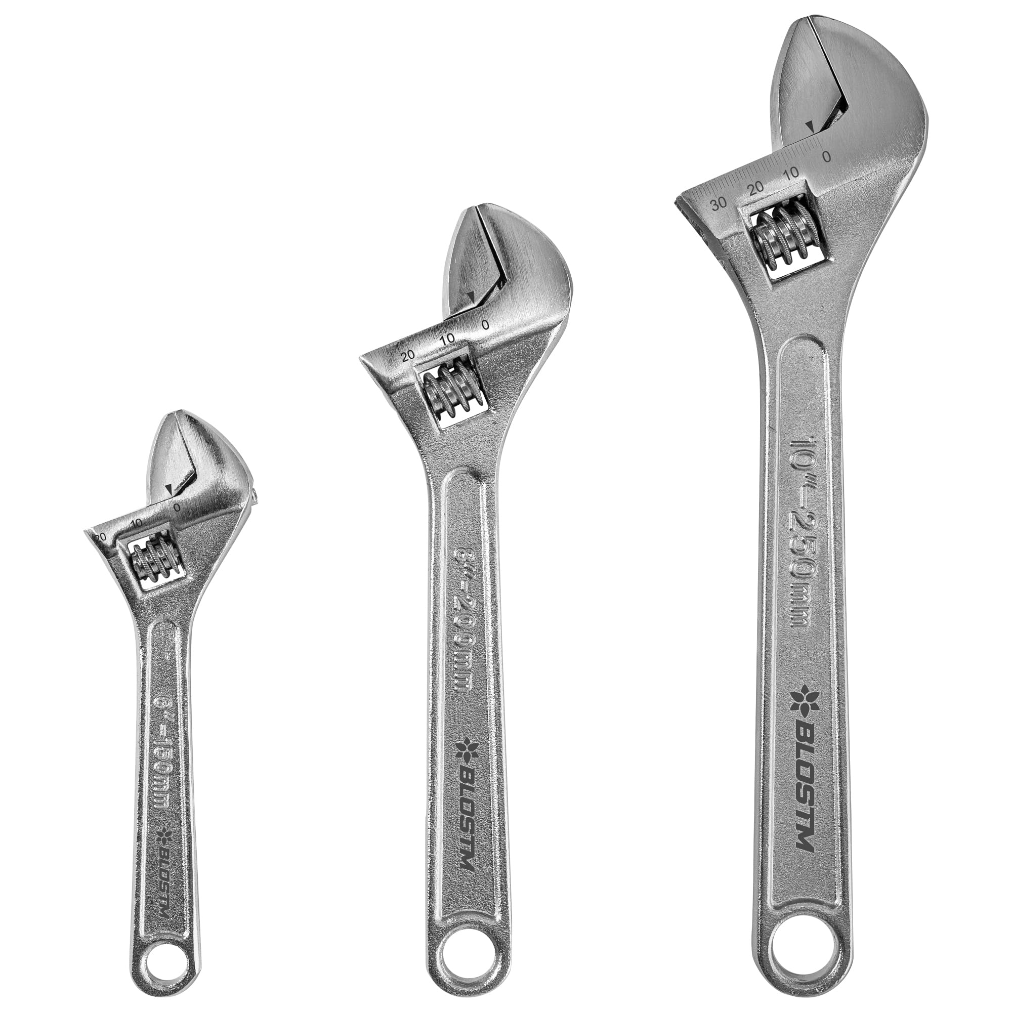 BLOSTM Adjustable Spanner Set - 3 PCS Adjustable Wrench Set, Durable Drop-Forged Carbon Steel Wide Jaw Opening Shifter Spanners with Hanging Hole for Easy Storage (150, 200 & 250mm)