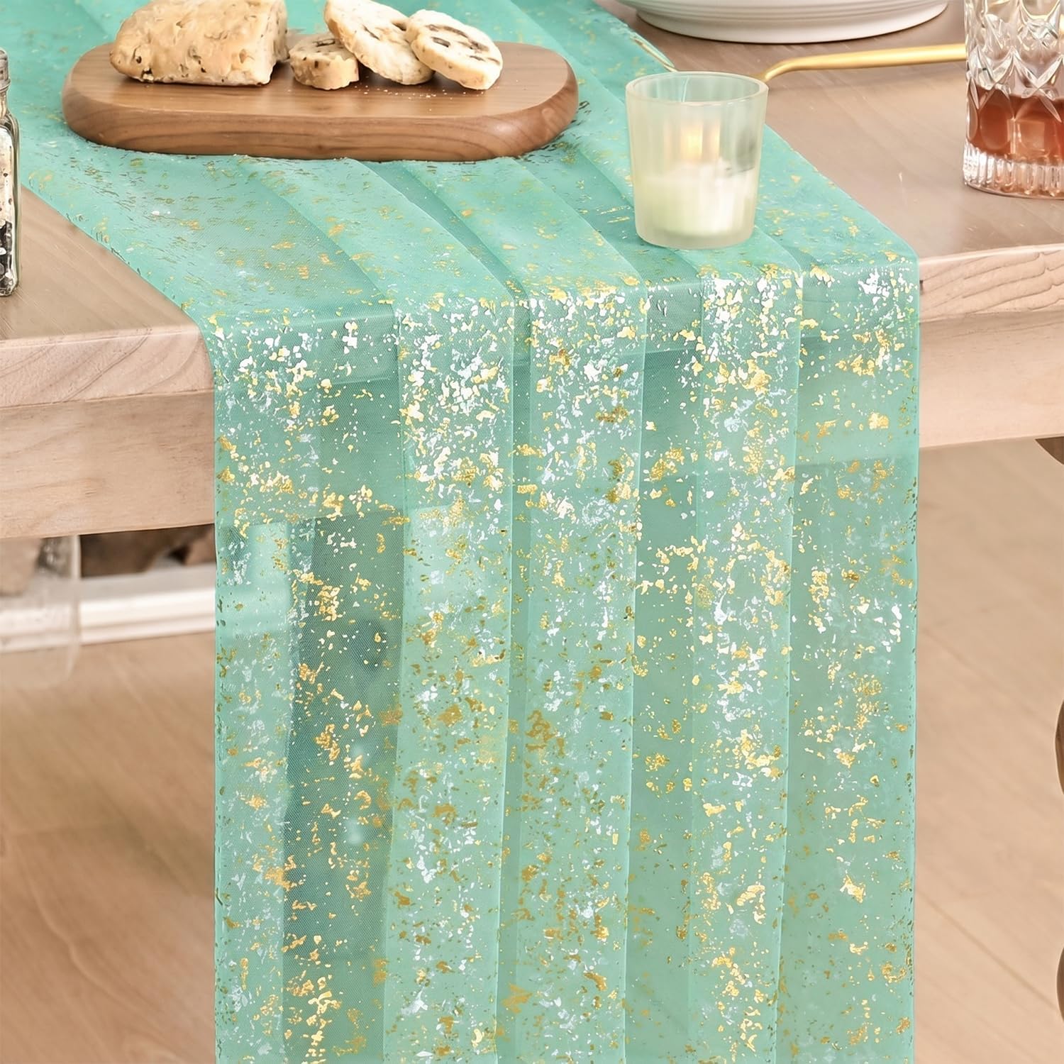 Artoid Mode 3Pcs Beige Gold Gauze Table Runner 120 Inch 10FT, Glitter Metallic Foil Sheer Dining Wedding Anniversary Holiday Birthday Table Decor for Home Party