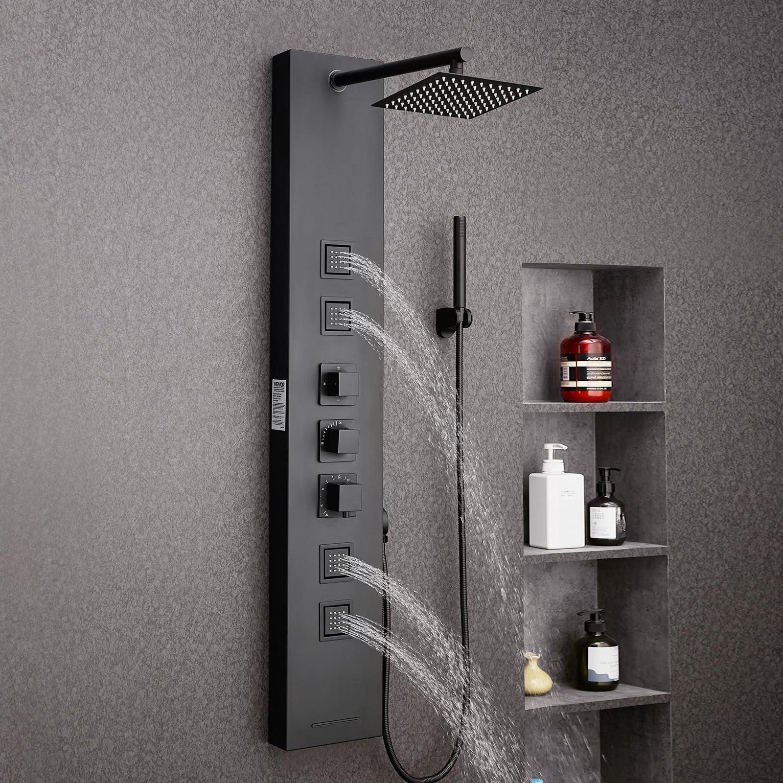 VEVOR Duschpaneel-Turmsystem (4 in 1) mit Regenwasserfall-Duschkopf, (124 cm) Duschsäule aus gebürstetem Edelstahl, Regenmassagesystem zur Wandmontage, mit Handbrause & 4 kleiner Massagedüsen
