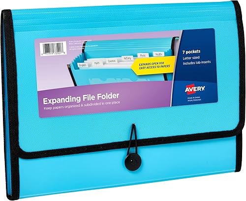 Avery Organizador de carpetas de archivos expansibles, organizador de archivos de acordeón de 7 bolsillos, color aguamarina, capacidad para 425