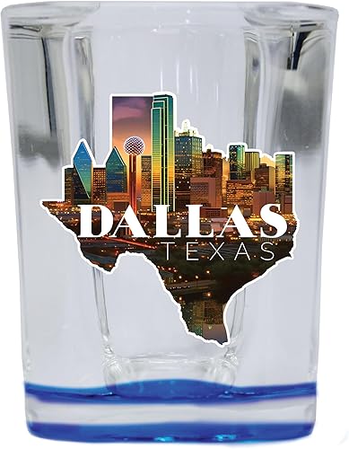 R and R Imports Dallas Texas Design C Souvenir - Vaso de chupito cuadrado de 2.5 onzas, base azul individual