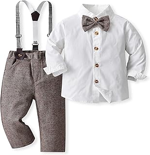 Volunboy Baby Boys' Romper Suit Set, Shirt with Bow Tie, Trousers and Braces