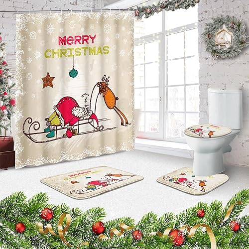 Miniatura 5 de ArtSocket Divertidos juegos de baño de Papá Noel y ciervos con cortina de ducha y alfombras y accesorios, juegos de cortinas de ducha de muñeco de