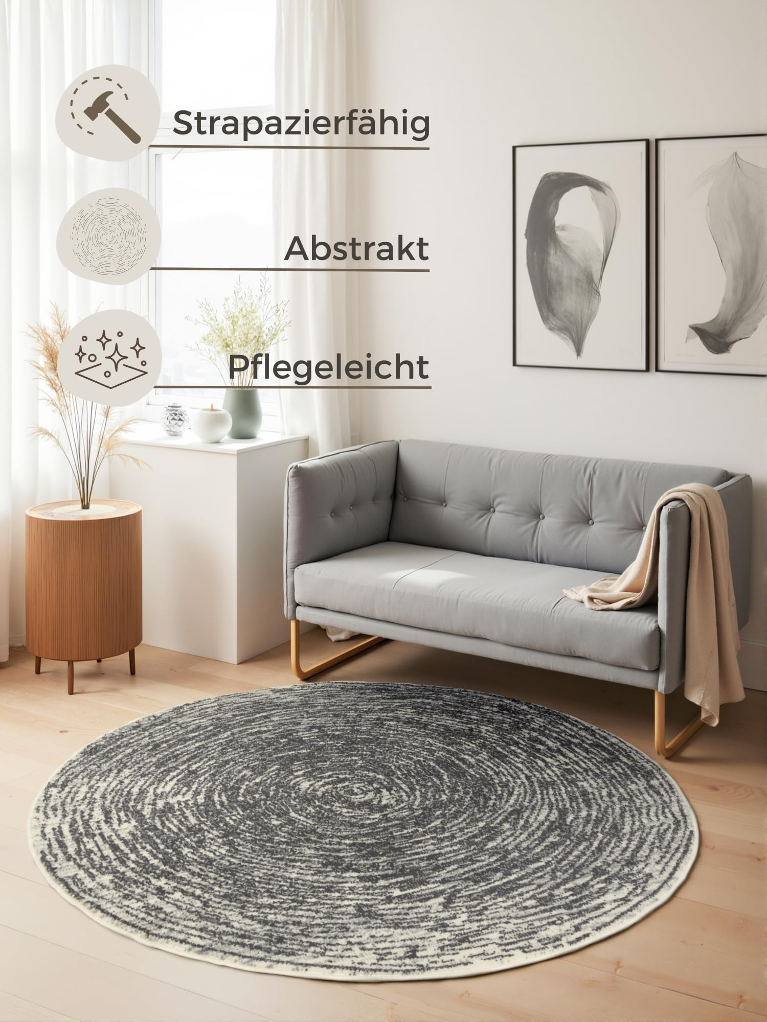 Hanse Home Cavallo Tapis Rond à Poils Courts – Tapis de Salon, Moderne, à Poils Courts et Doux et Design Abstrait pour Salon, Chambre à Coucher, Salle à Manger, Couloir – Gris crème, diamètre 160 cm