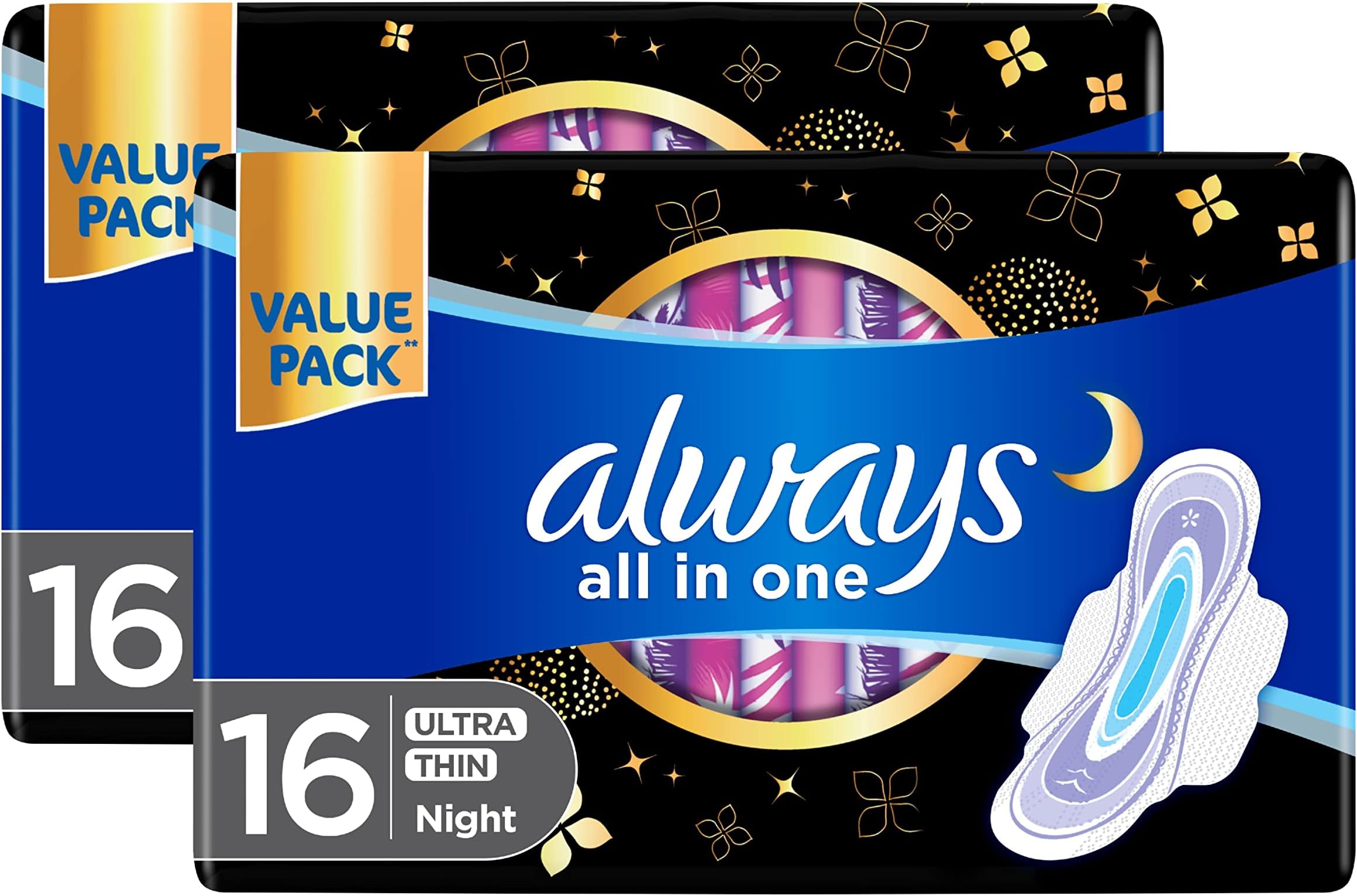 All In One Ultra Thin, Night Sanitary Pads With Wings, 16 Count Dual Pack