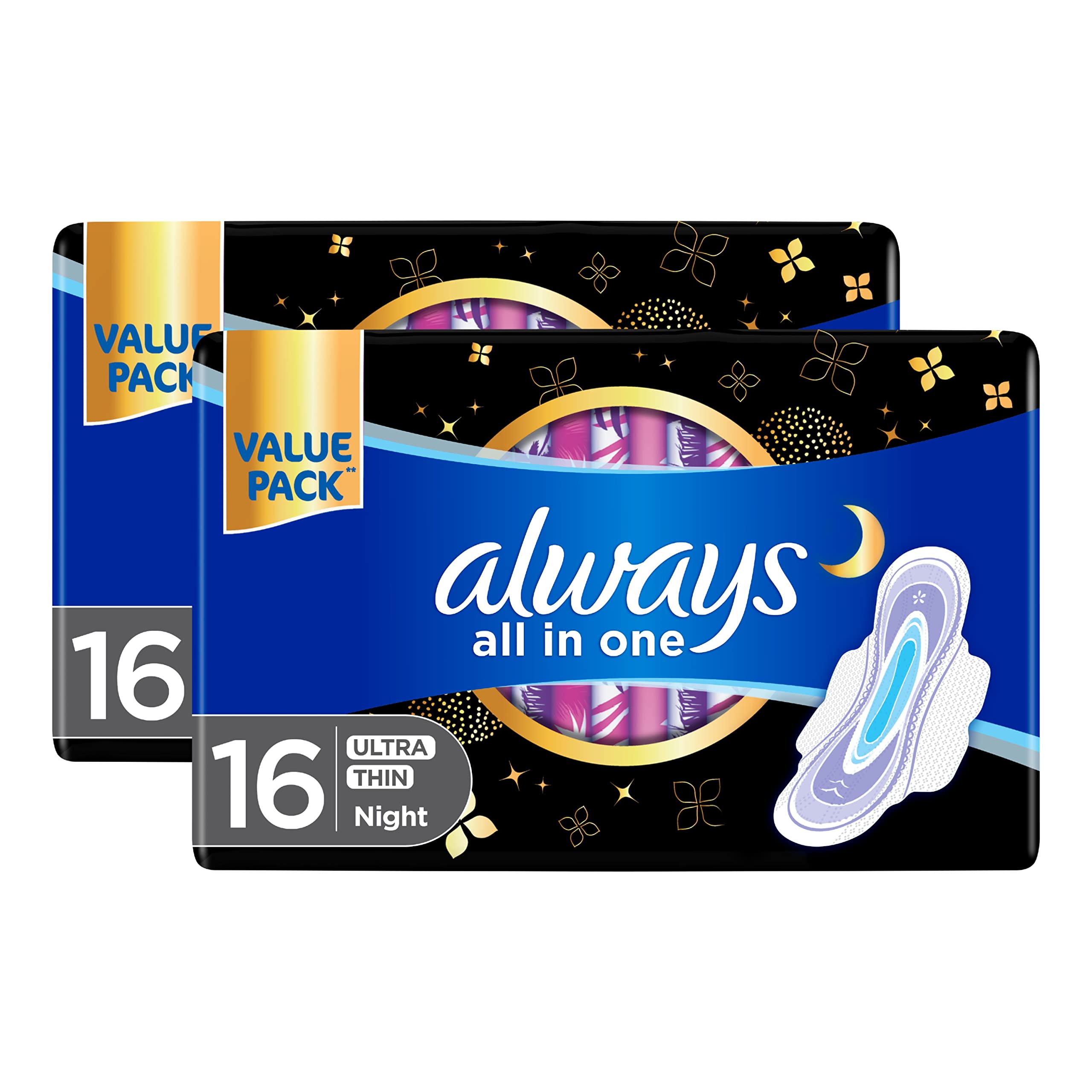 AlwaysAll In One Ultra Thin, Night Sanitary Pads With Wings, 16 Count Dual Pack