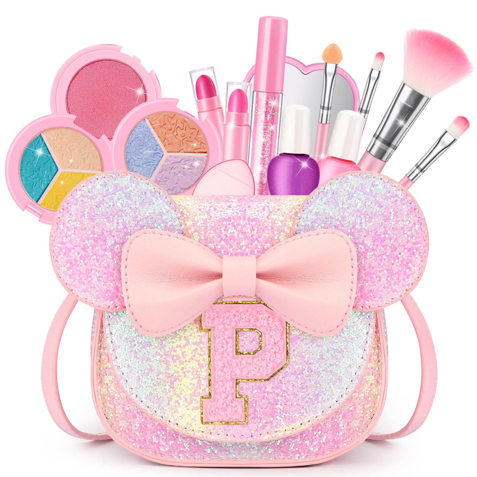 Kids Makeup Kit for Girl, 15Pcs Real Washable Make Up Set &amp; Purse Rainbow P