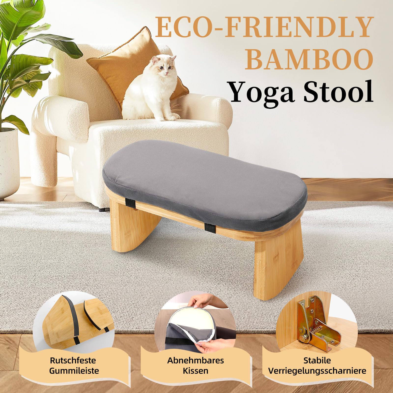 TYYIHUA Meditationsbank, klappbarer Meditationsstuhl, Bambus-Meditationshocker mit Anti-Rutsch-Matte, verstellbarer Yoga-Hocker mit gebogenen Unterkanten
