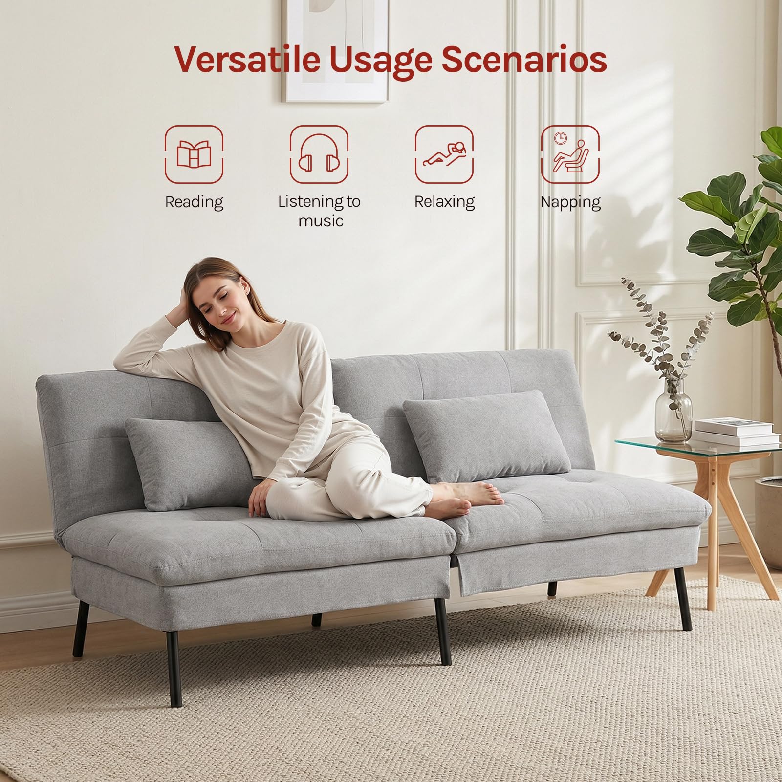 WOLTU Sofá Cama de 2 Plazas con 2 Cojines, Respaldo Ajustable, Gris Claro | Sofá Cama con Patas Antideslizantes, Estructura Metálico + Lino Sintético Transpirable, para Salón, Dormitorio, Estudio