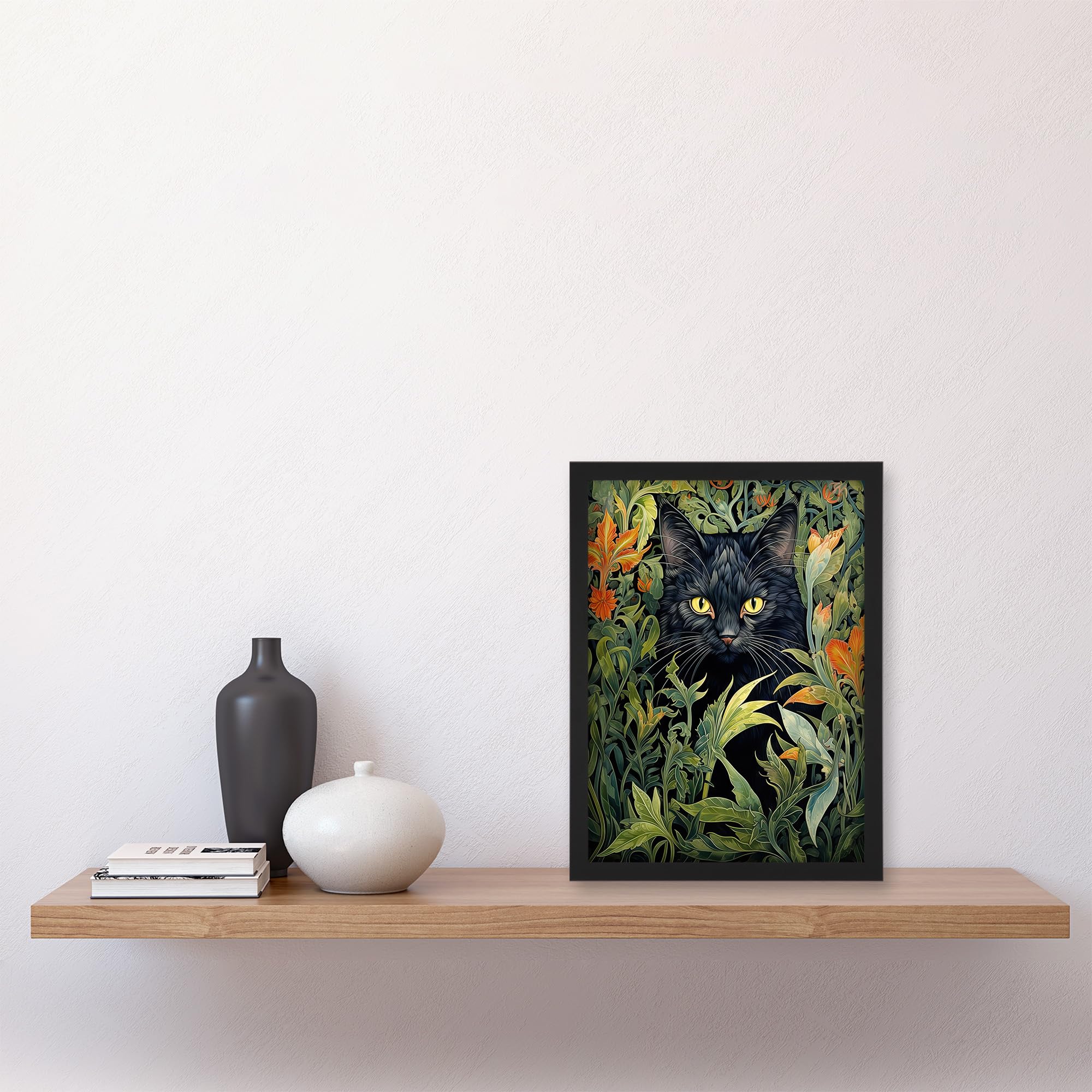 Artery8 Black Cat Hiding In Flower Field Modern William Morris Style Painting Orange Green Spring Bloom Animal Portrait Artwork Framed Wall Art Print A4 - Image 4