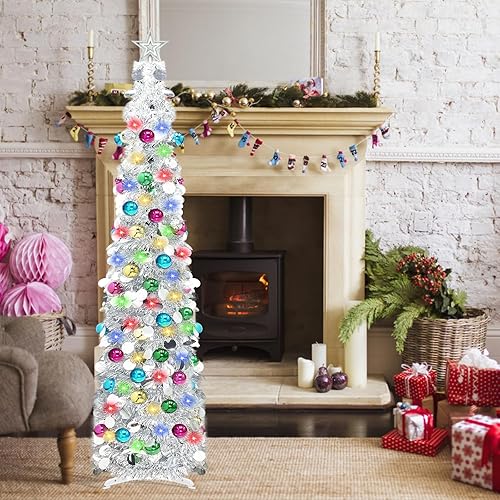 Miniatura 8 de Árbol de Navidad artificial de 5 pies con 100 luces de color, árbol de lápiz artificial brillante con estrella de bola para decoración de Navidad en