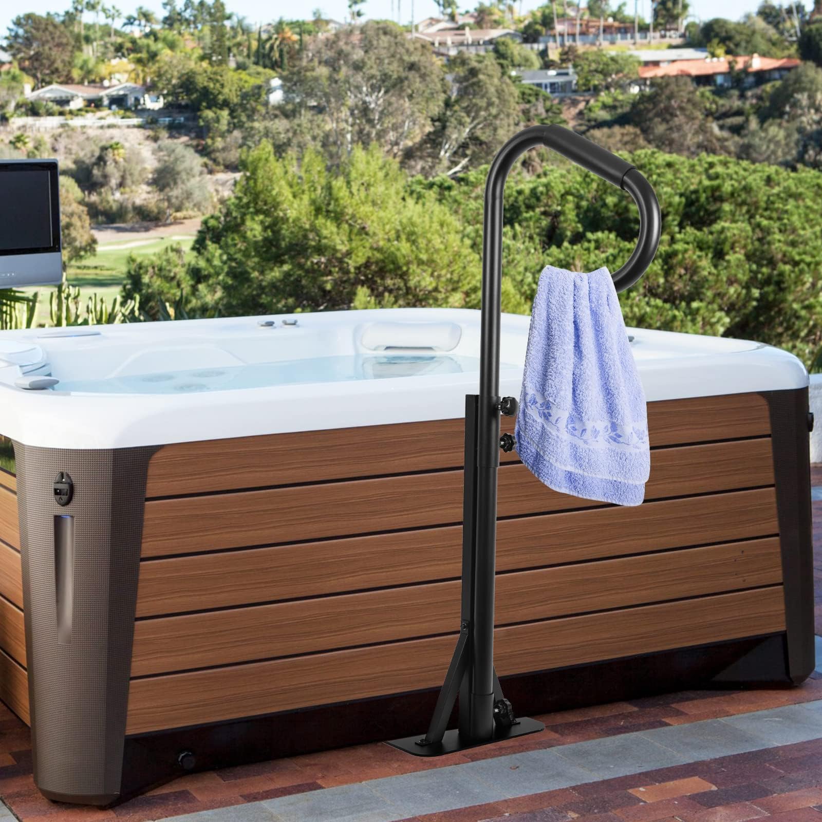 Garvee Sécurité renforcée pour spa et bain à remous – Main courante rotative 360°, hauteur réglable 89-142 cm, capacité 272 kg, poignée antidérapante, base stationnaire à glisser sous le spa