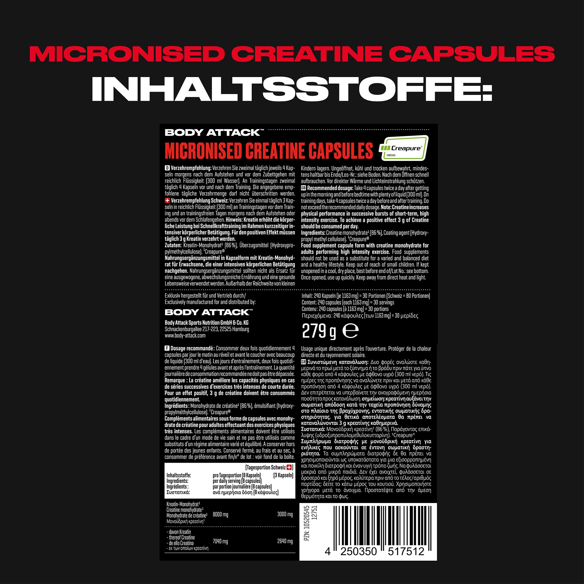 Body Attack Micronised Creatine Kapseln (Creapure®) 240 Caps - hochwertiges Kreatin 100% Made in Germany - hochdosiert für Fitness & Kraftsport, vegan