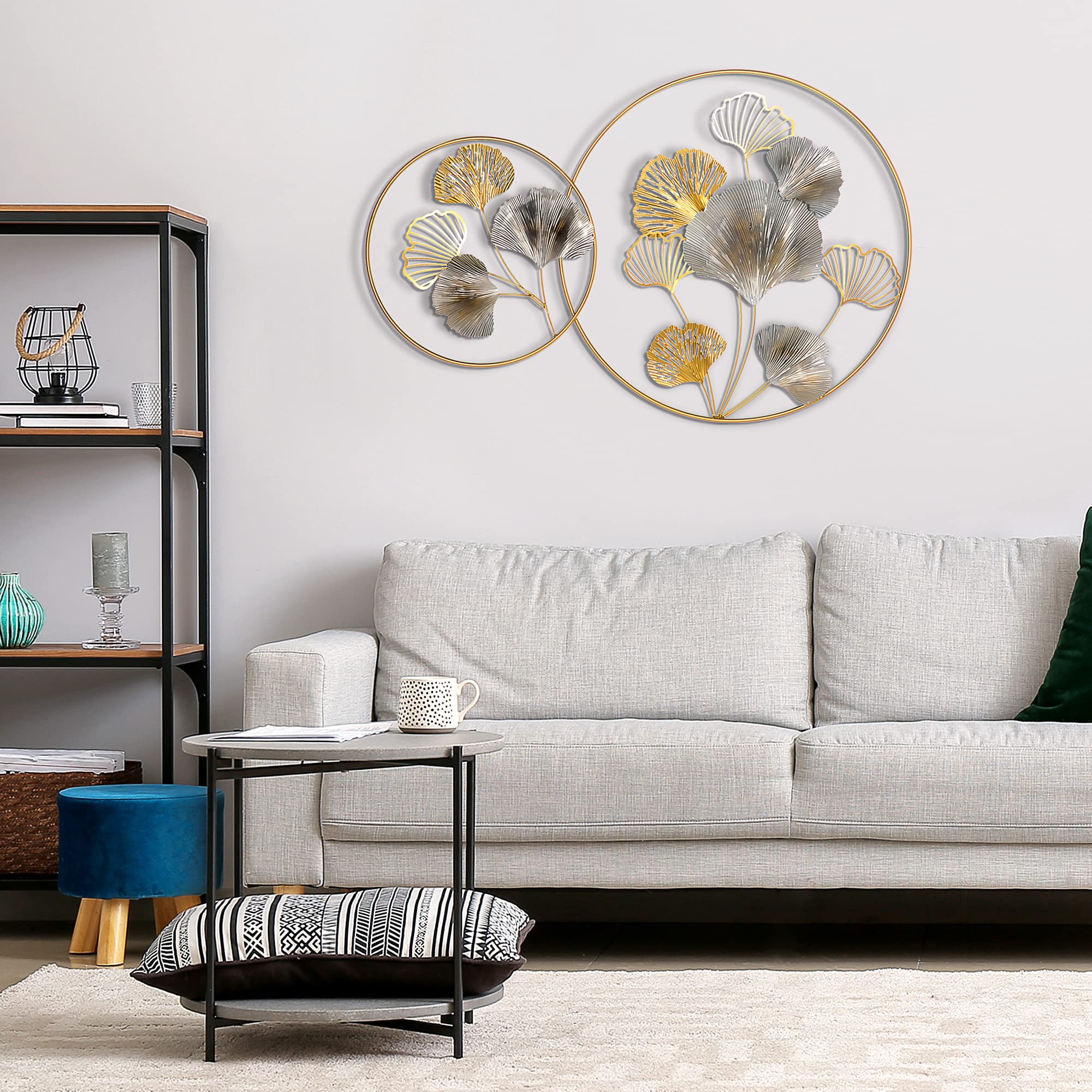 HOMCOM Decorazione Murale 3D in Metallo Dorata 102x66.2 cm Oro e Argento | Wall Art Orizzontale, Foglie di Ginkgo, Due Cornici Rotonde