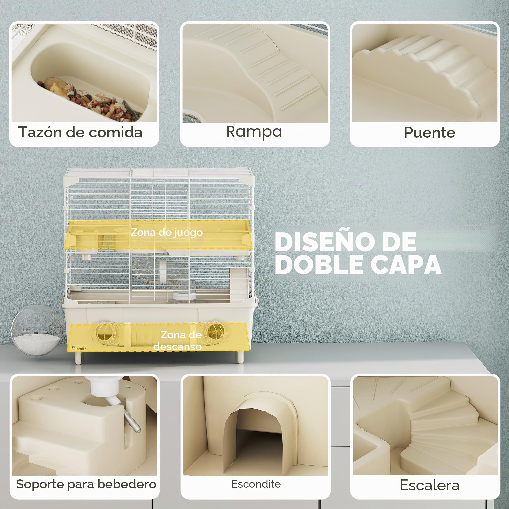 Jaula para hámster PawHut de 2 Niveles y 3 Puertas con Rueda, Caja de Arena y Tubos de Juego, Jaula para Mascotas de Acero, PS y PP, 44,5x28x44 cm, Crema y Blanco | Caja de arena con tubos de juego, jaula para hámster, acero, PS y PP, 44,5 x 28 x 44 cm