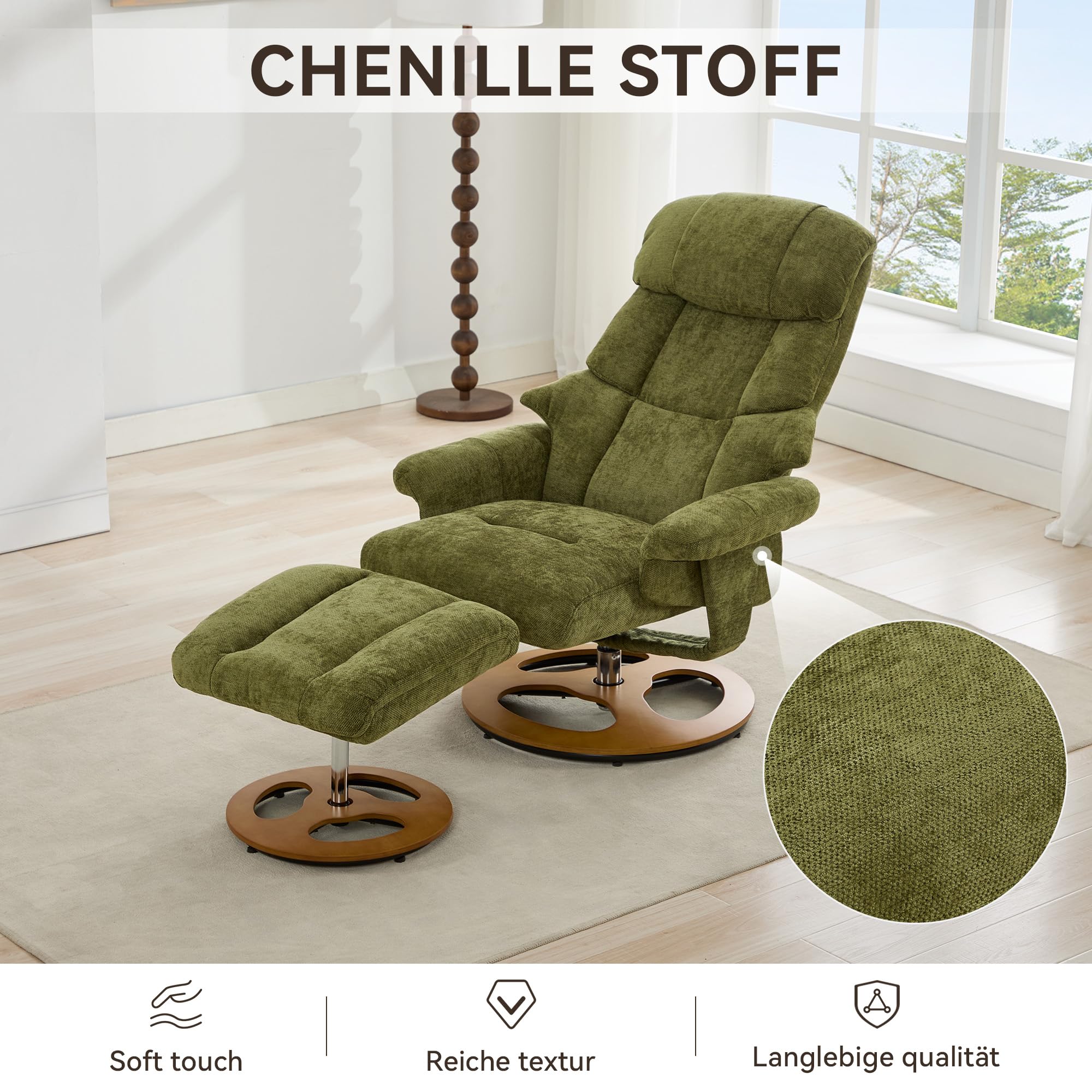 LAKFEW Sillon Relax Reclinable Electrico con Reposapiés, Sillon Relax Girar 360° con Masaje y Función de Calefacción, Sillón Reclinable Butaca Sillones para el Salón, Chenilla, 81x126x111 cm, Verde