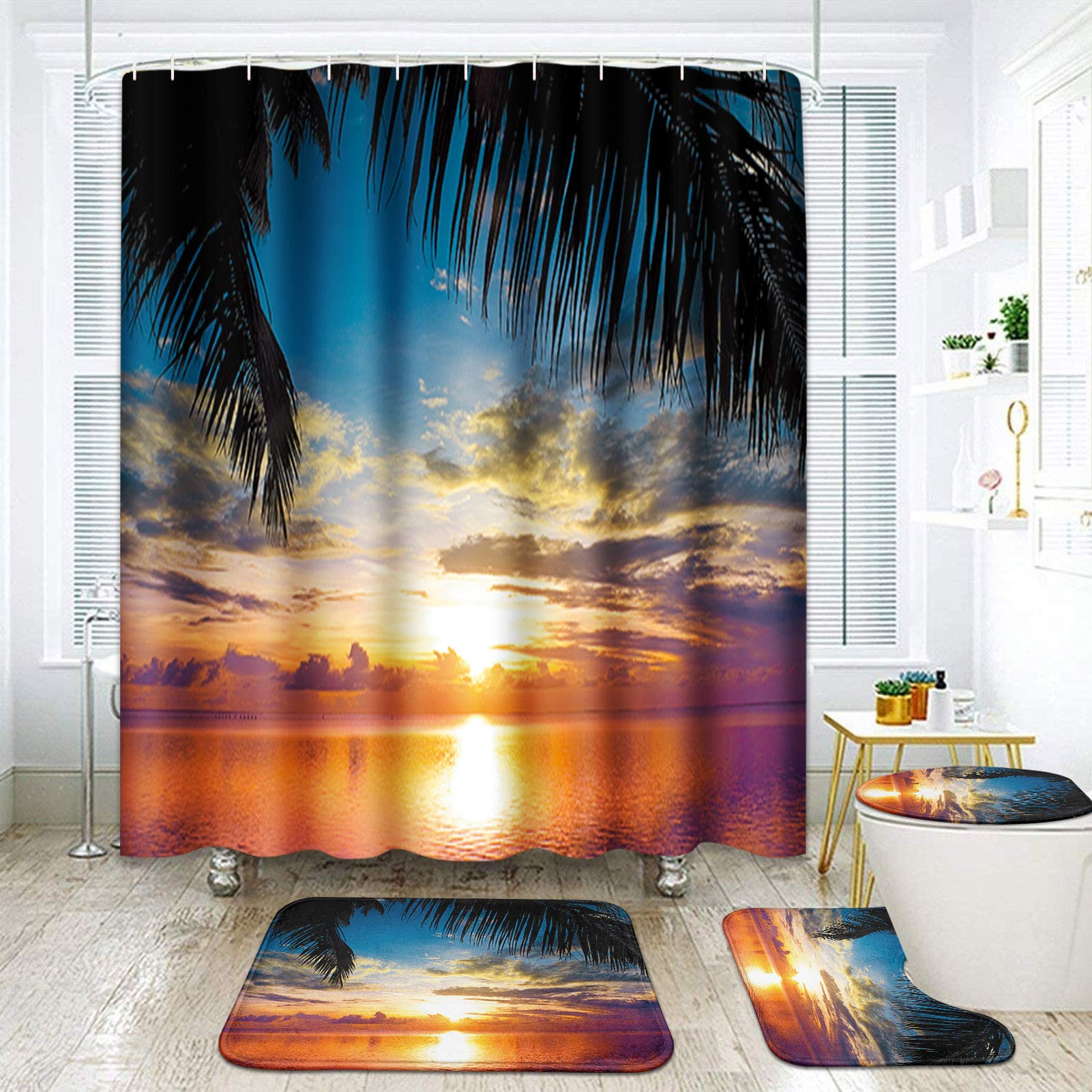 ArtSocket Sunset Palm Bathroom Set with Shower Curtain and Rug Accessories, Sunrise Seashore Coconut Summer Beach Sand Holiday Ocean Tropical Shower