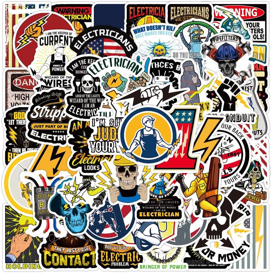 50 Electrician Stickers Pack, Electrical Tools Vinyl Stickers for Water Bottles, Laptops, Hard Hats, Toolboxes, Helmets, Cars, Trade School Gifts and Party Favors