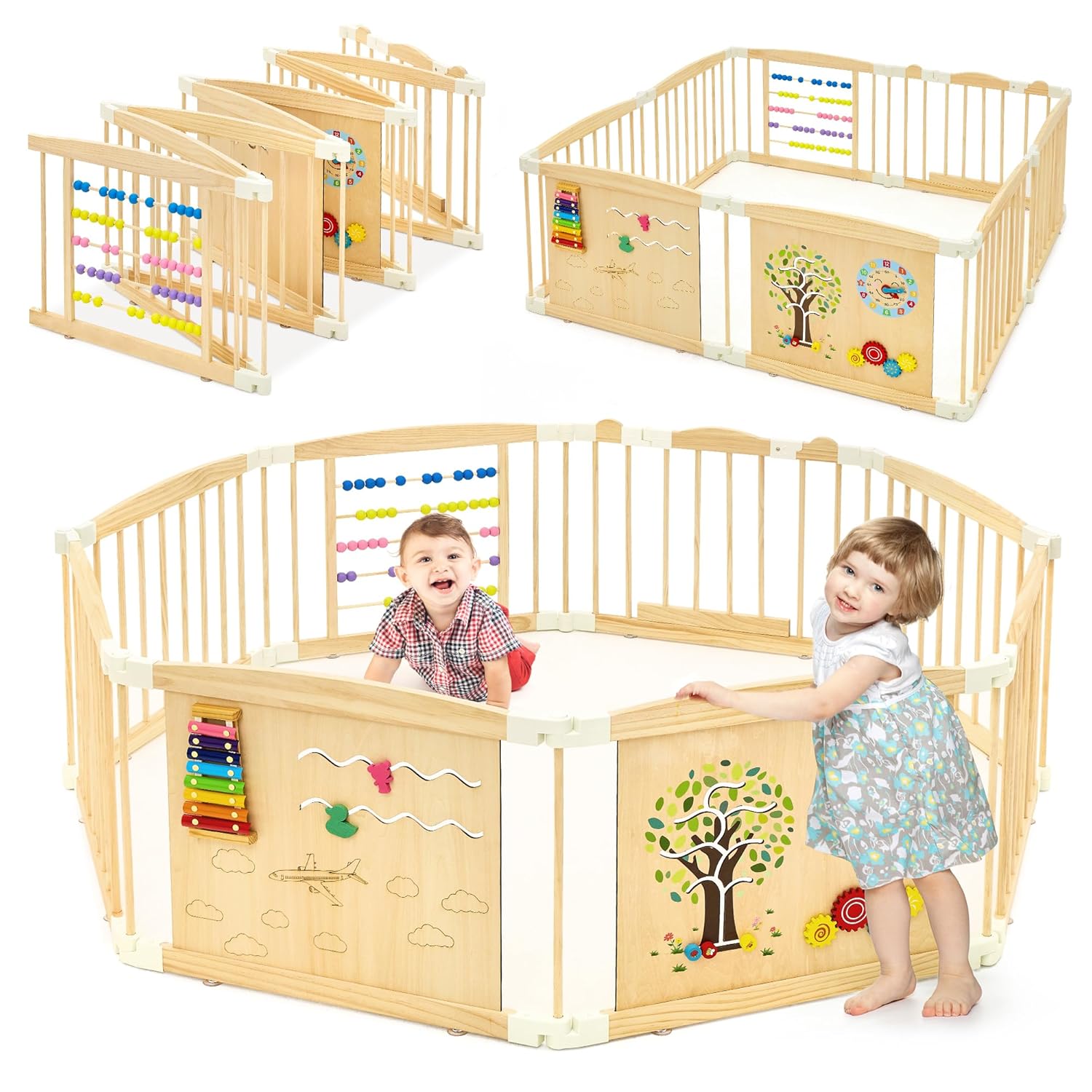 Corralito de madera para bebés y niños pequeños, corralito plegable con puerta de bloqueo, tamaño y forma ajustables, patio de juegos para niños, 8