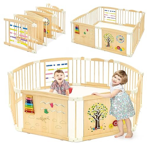 Corralito de madera para bebés y niños pequeños, corralito plegable con puerta de bloqueo, tamaño y forma ajustables, patio de juegos para niños, 8