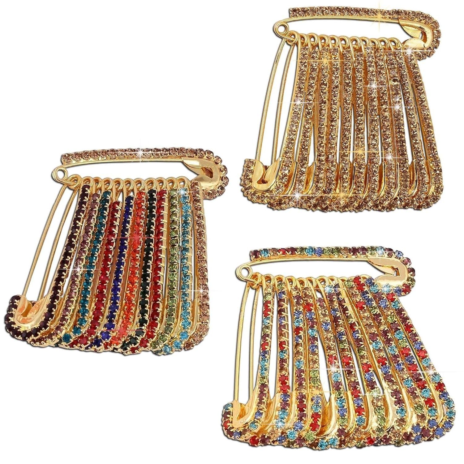 FASHIONS Gold Plated Multicolor Rhinestone Crystal Safety Saree Pins Sweater Shawl Clips Faux Shiny Brooch Pin Dress Sari Pallu Pleat Brooches Combo Set for Women & Girls-image-41