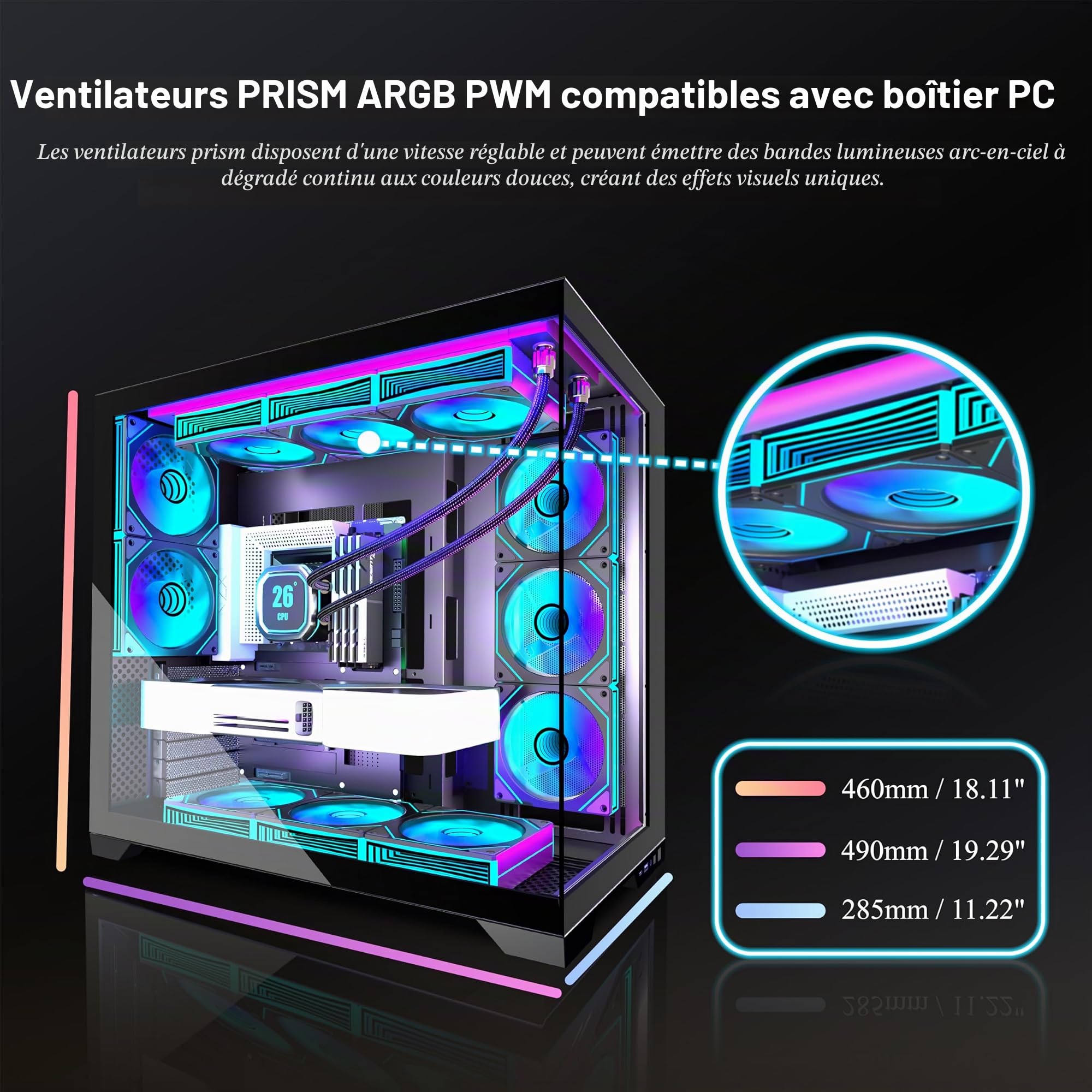 KEDIERS Boîtier PC pré-installé 9 × 120 mm Noir Ventilateur ATX Mid Tower PC Boîtier d'ordinateur avec Vue panoramique Panneau Avant en Verre trempé