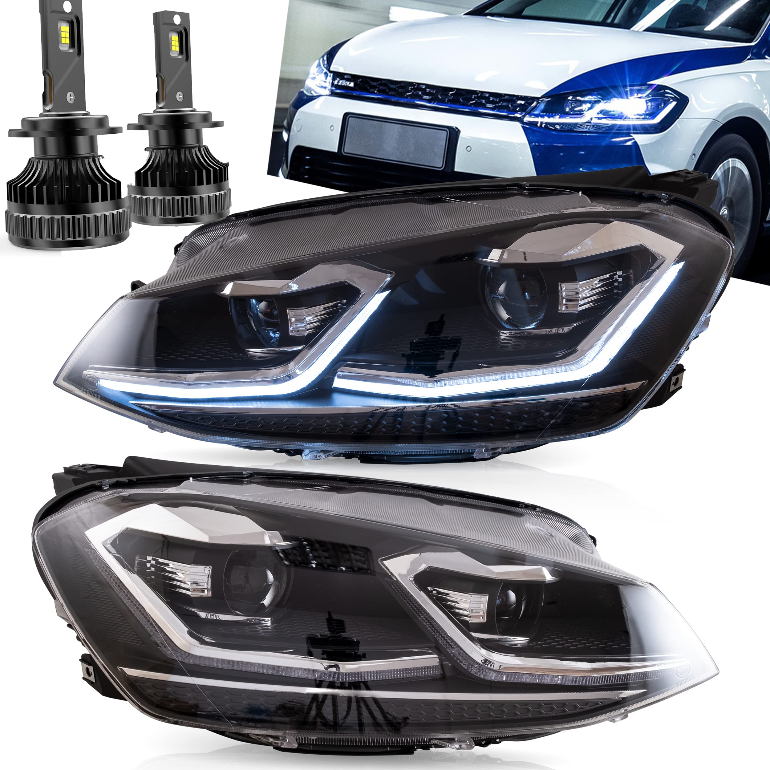 VLAND Headlights with D2H Bulbs Compatible with Golf 7 MK7 TDI TSI 2013-2017, Front Lights with Sequential Indicator, Silver Line Headlamps